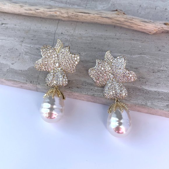 NEW ~ Anthropologie Made by Maddie Pink Travona Floral Pave Crystal & Pearl E… - Picture 12 of 16